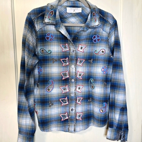 MISS ME VINTAGE BEADED SEQUIN PLAID FLANNEL Western SHIRT Size Medium - Picture 1 of 10